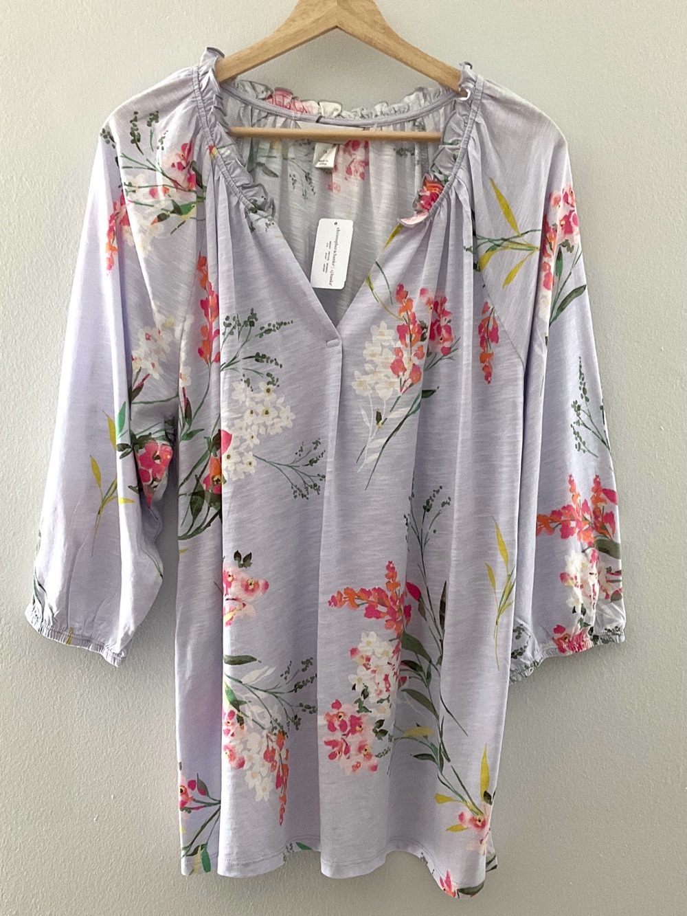 CJ Banks Lavender Floral Print Split V-Neck Tunic Cotton Modal Blend NWT